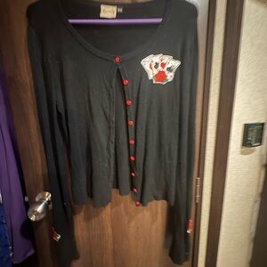 Black Cardigan with Red Buttons and Patch